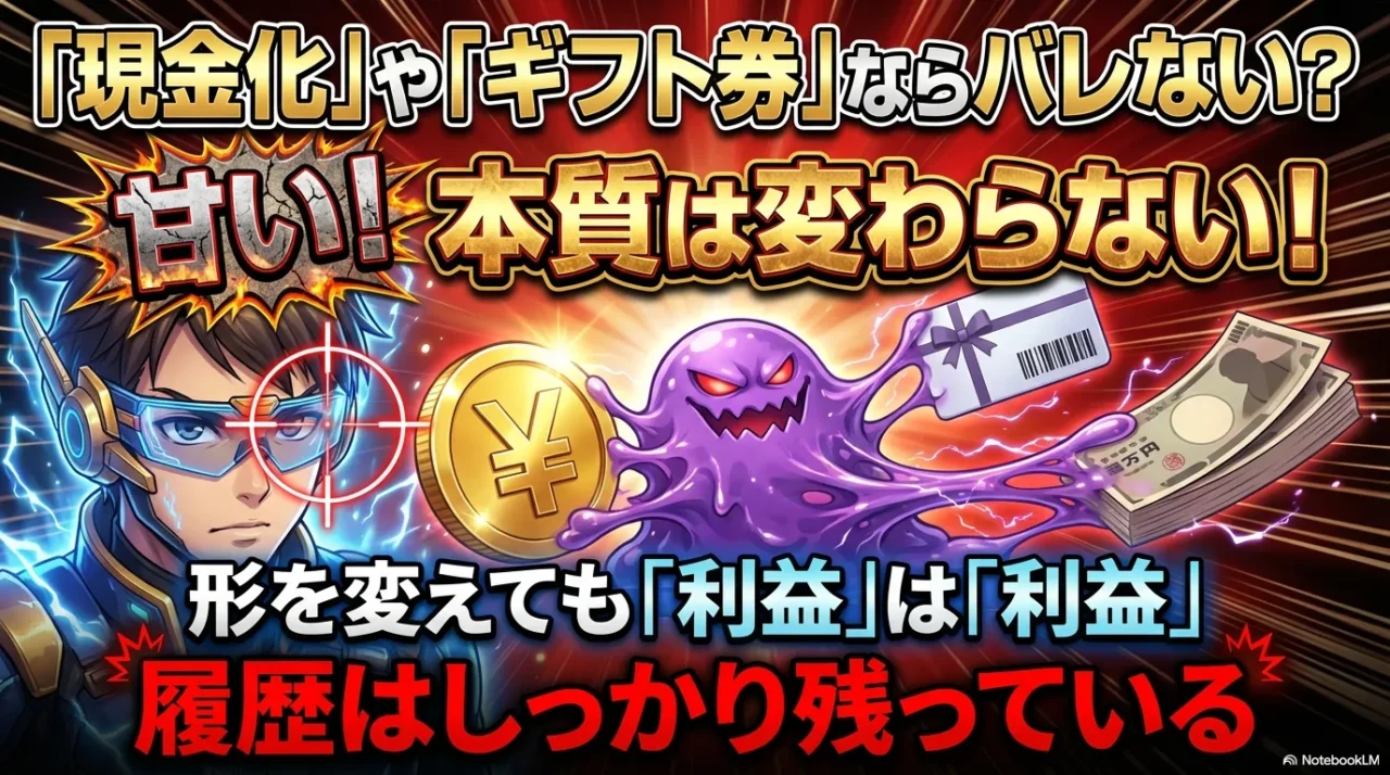 ポイントを現金やギフト券に形を変えても利益である事実は変わらず、履歴が残るため税金逃れにはならないという解説図