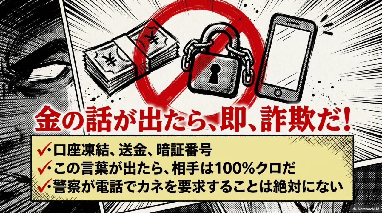 口座凍結や送金、暗証番号といった金銭の話が出た時点で100%詐欺であると断言するイラスト