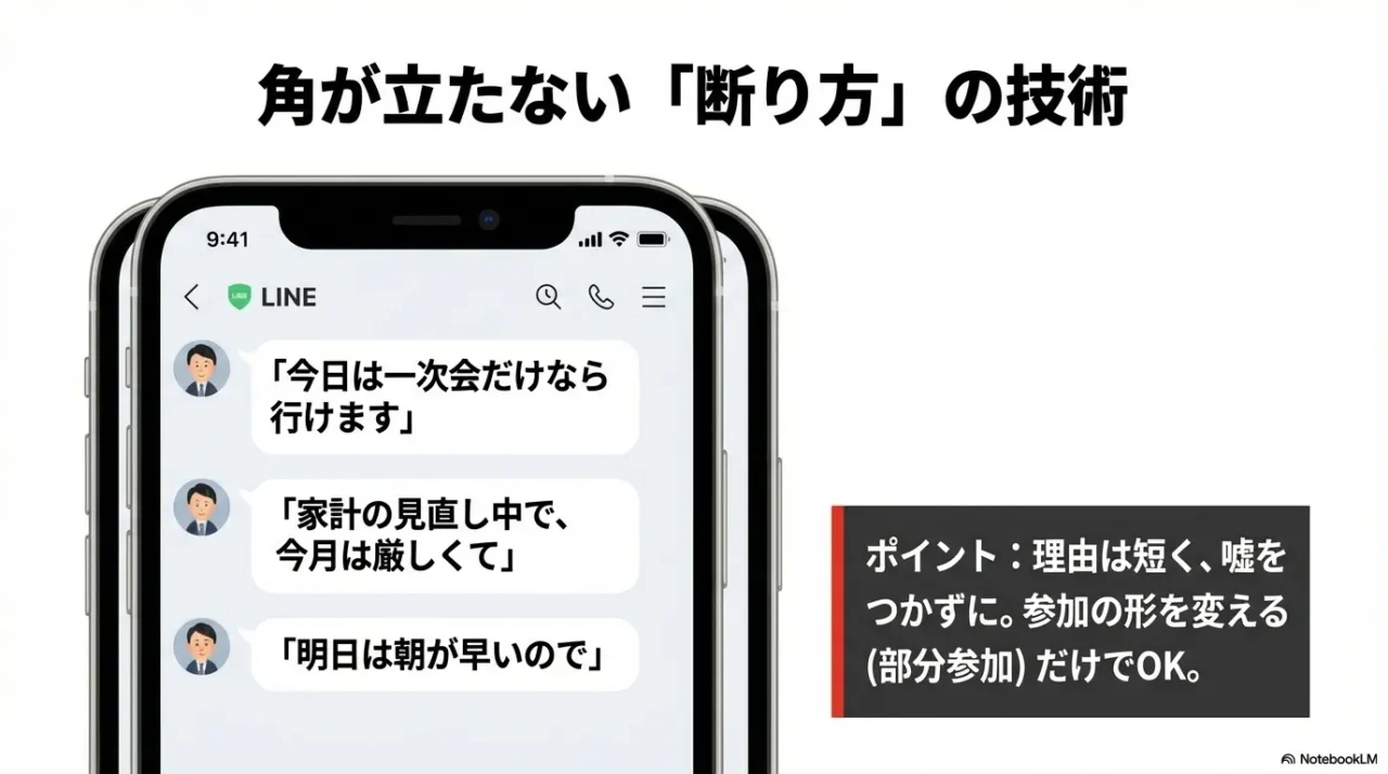 一次会だけ参加などの断り方をLINE例で示すイメージ