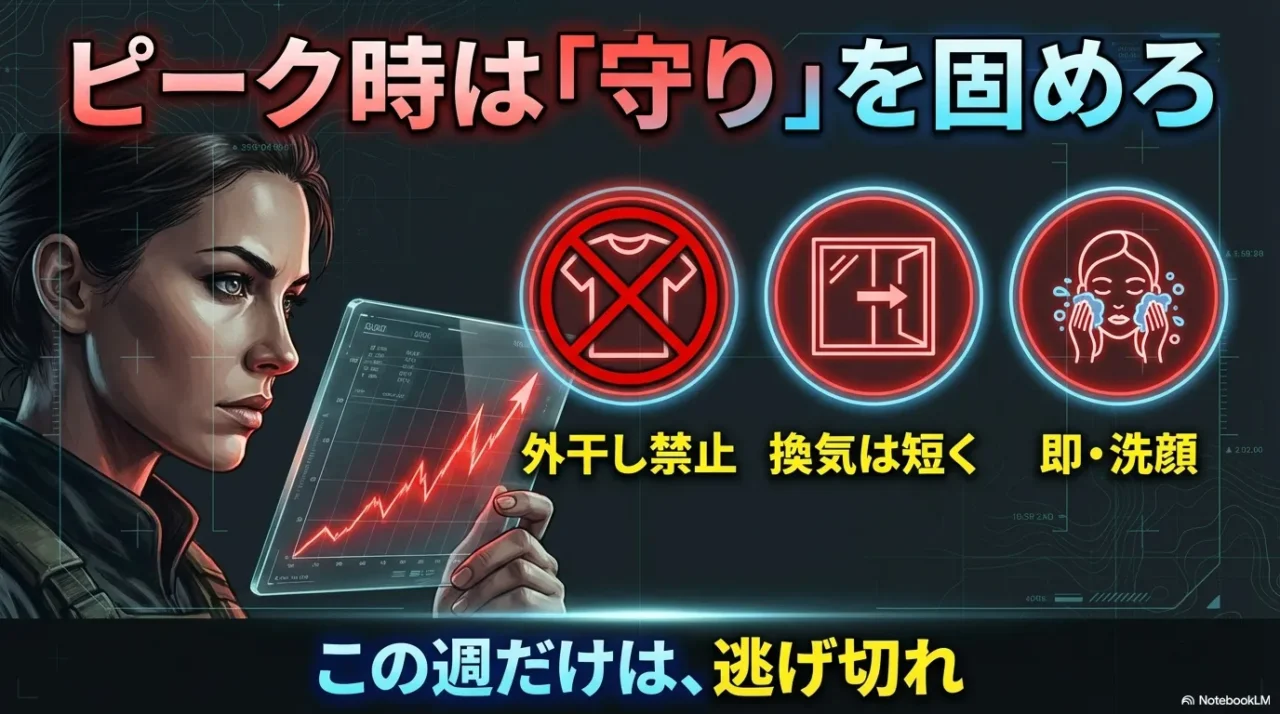 花粉飛散ピーク時の対策。外干し禁止、換気は短く、即洗顔などの行動リスト