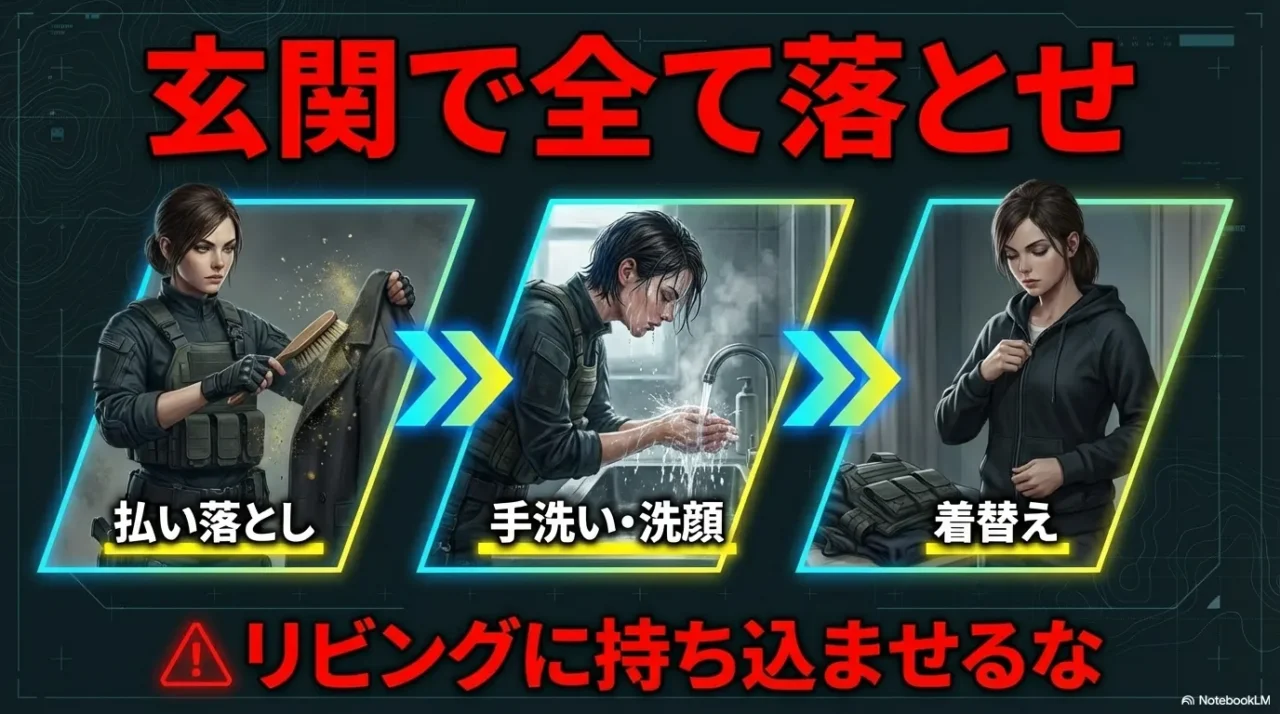 帰宅時の花粉対策。玄関での払い落とし、手洗い・洗顔、着替えでリビングへの持ち込みを防ぐ