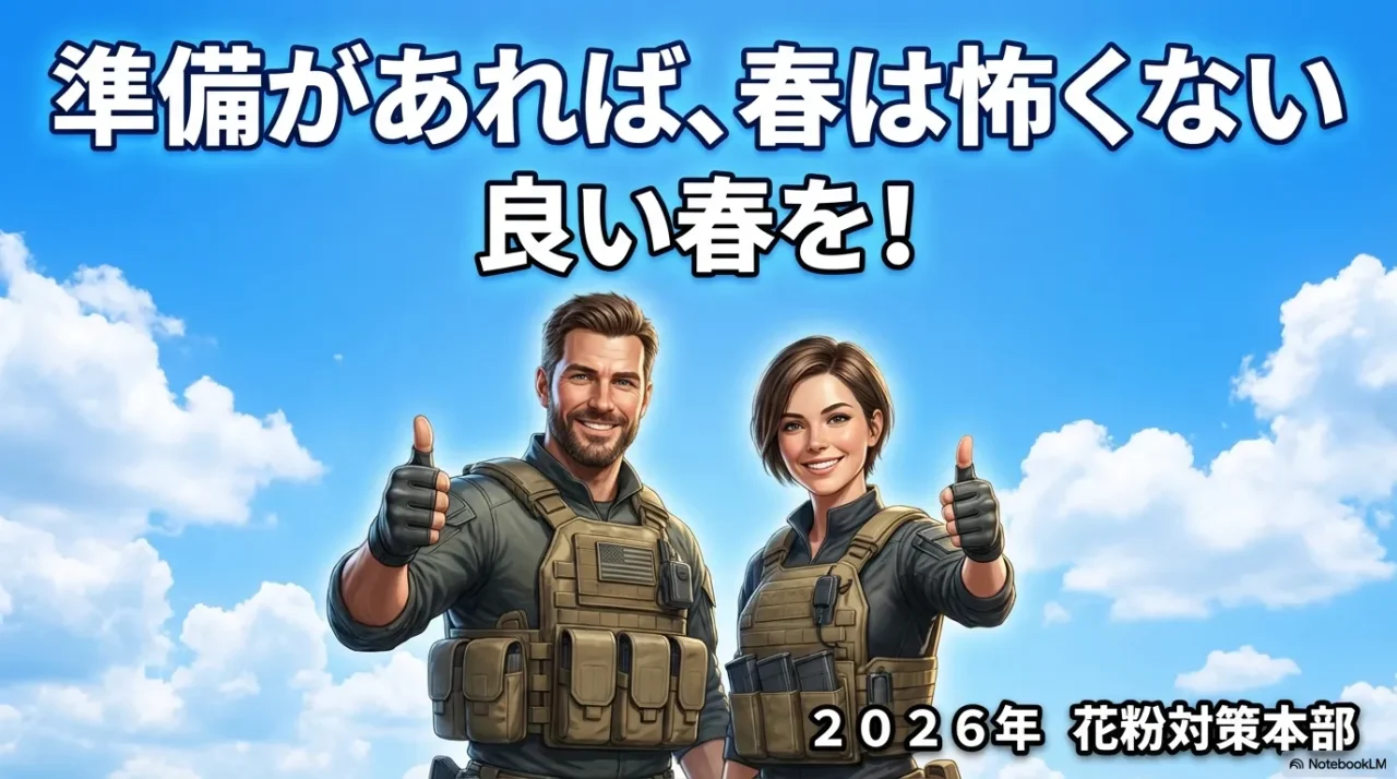 万全の花粉対策装備をして笑顔で親指を立てる男女のイラスト。準備があれば春は怖くないというメッセージ