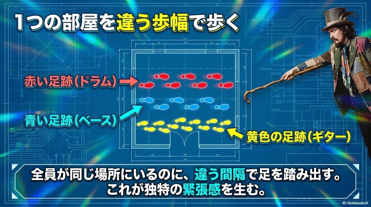 部屋の平面図に赤・青・黄の足跡を異なる間隔で配置し、ドラム、ベース、ギターが別の歩幅で進むポリリズムを説明した図。