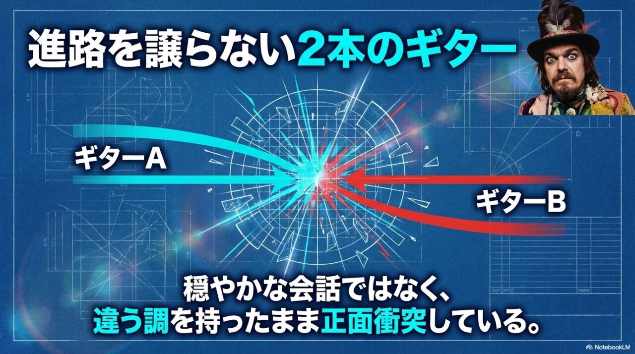 青い設計図上で水色と赤の矢印が中央で衝突し、ギターAとギターBが異なる調のまま正面からぶつかる多調性を示した図。