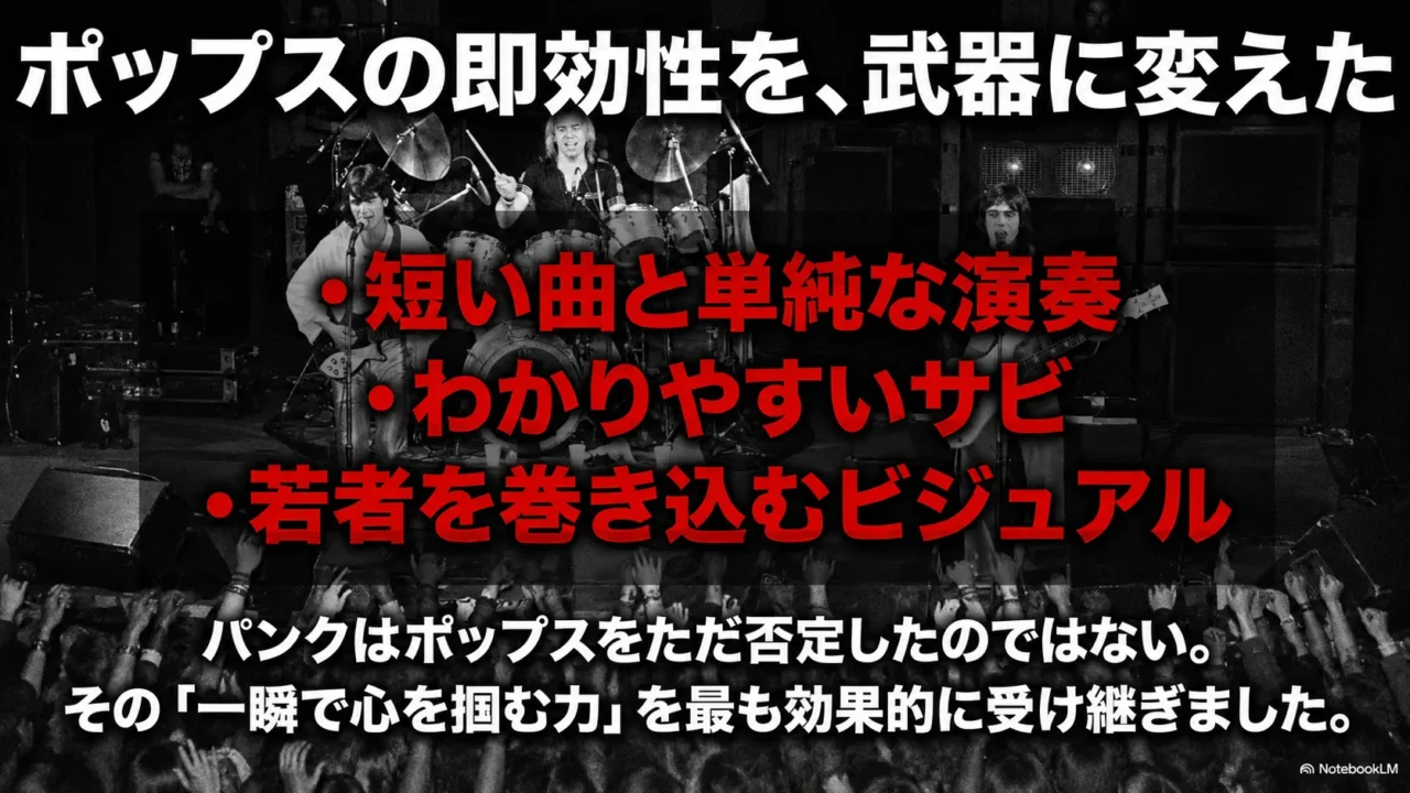 ポップスの即効性がパンクの武器になったことを説明する画像