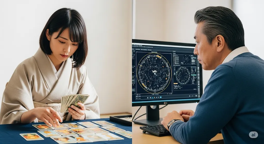 タロットカードと占星術のチャートを見ている二人の日本人