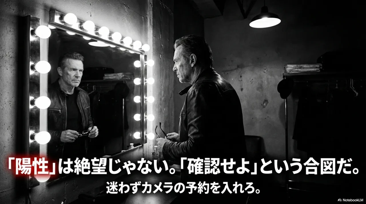 便潜血検査が陽性でも再検査で逃げず、大腸カメラを予約して確認するべきだと伝えるスライド