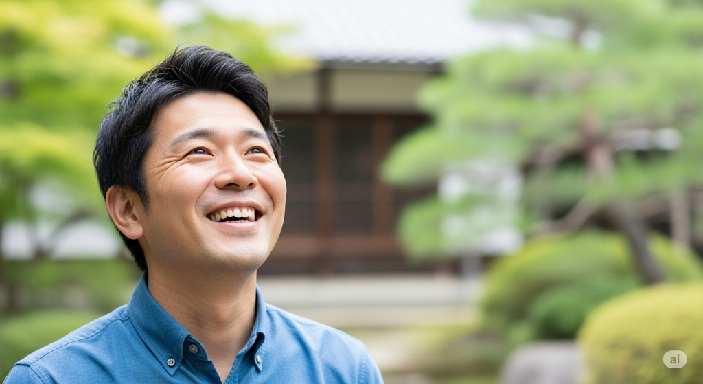 良い知らせを受け取り、安堵したような笑顔の男性