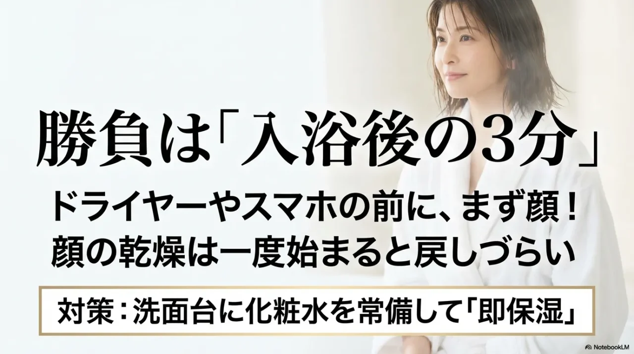 ドライヤーやスマホの前に顔の保湿を優先する重要性。洗面台に化粧水を常備するなどの対策画像。