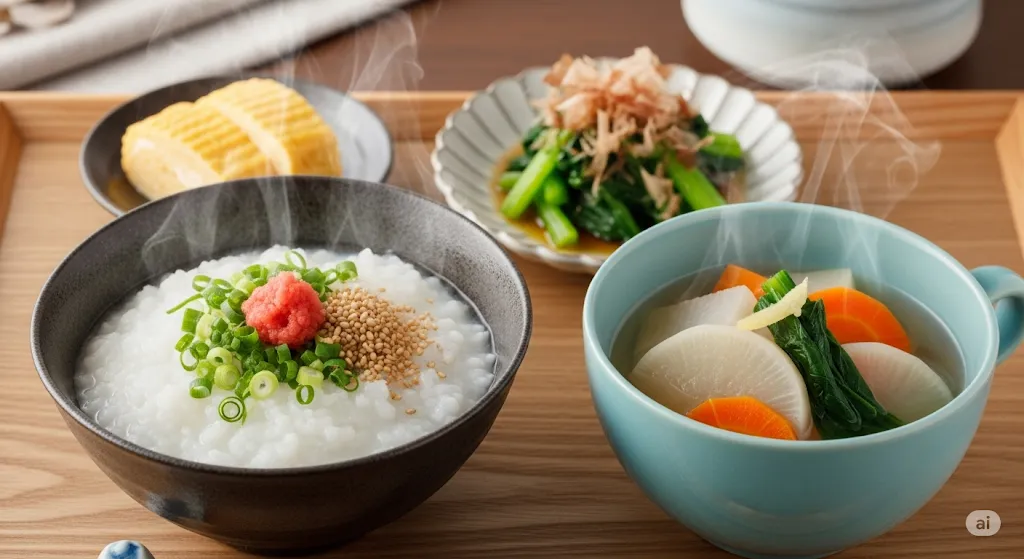 施術後の回復に適した、野菜スープやお粥などのヘルシーでやさしい和食。
