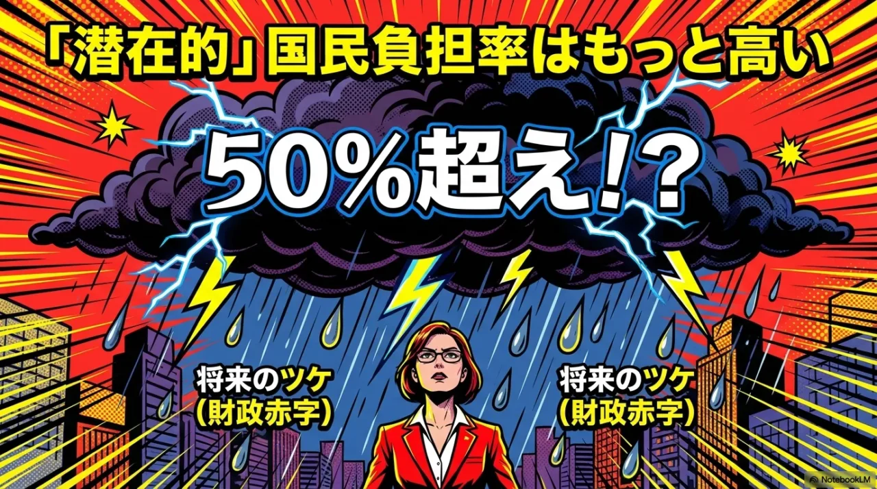 潜在的国民負担率は50%を超えており、見えない部分に将来のツケ（財政赤字）があることを示す氷山のイラスト