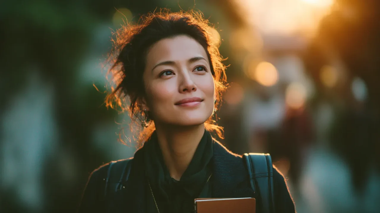 朝の柔らかな光の中、外を歩きながら穏やかに微笑む30代の美しい日本人女性。手にノートを持ち、回復に向けて前に進む雰囲気