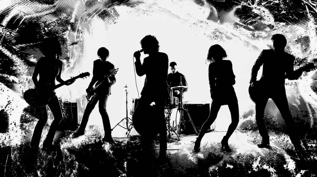 激しい動きを見せる6人編成のガレージロック風バンドのシルエット。ボーカル、ギター、ベース、キーボード、ドラムが配置され、背景には爆発的な抽象模様が広がり、荒々しくエネルギッシュな雰囲気が強調されている。