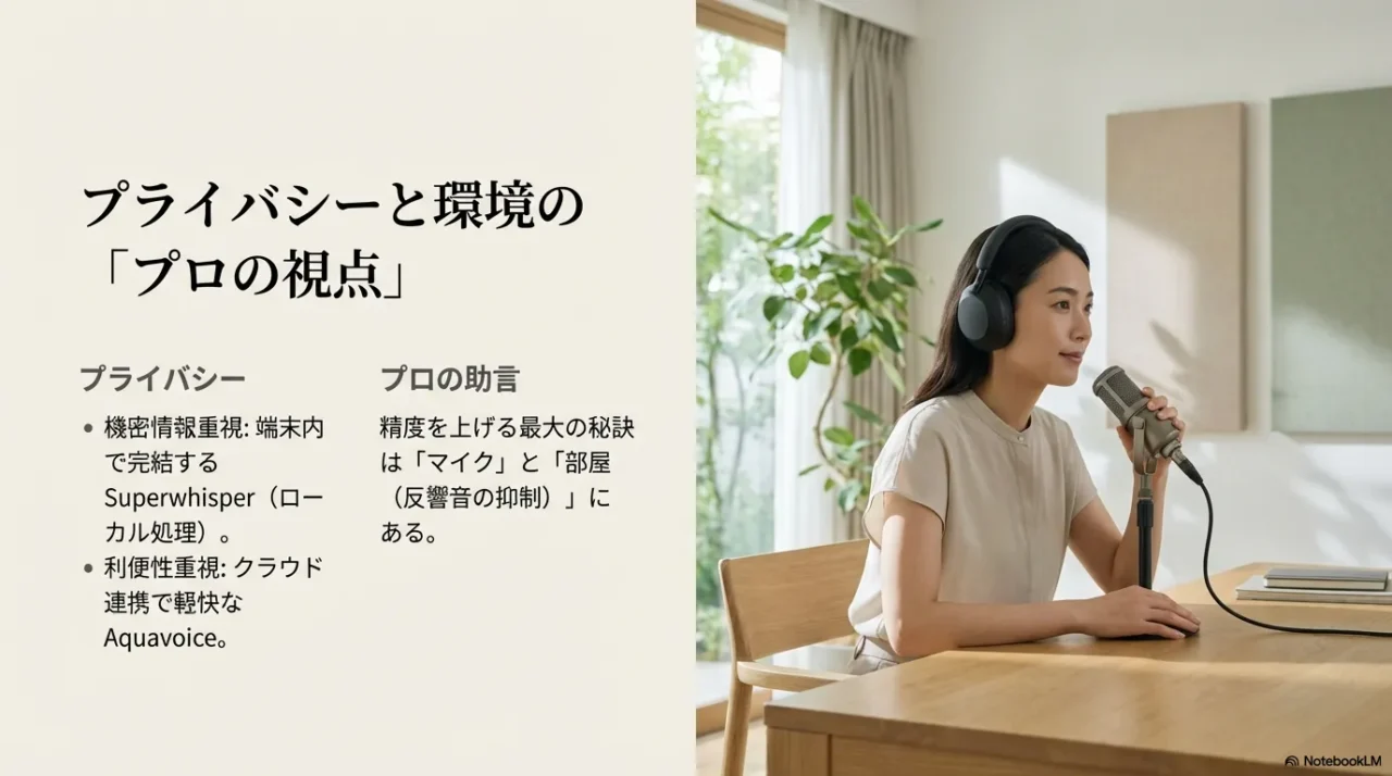 機密情報を守るSuperwhisperのローカル処理解説と、音声認識精度を劇的に上げるマイクと部屋の環境対策。