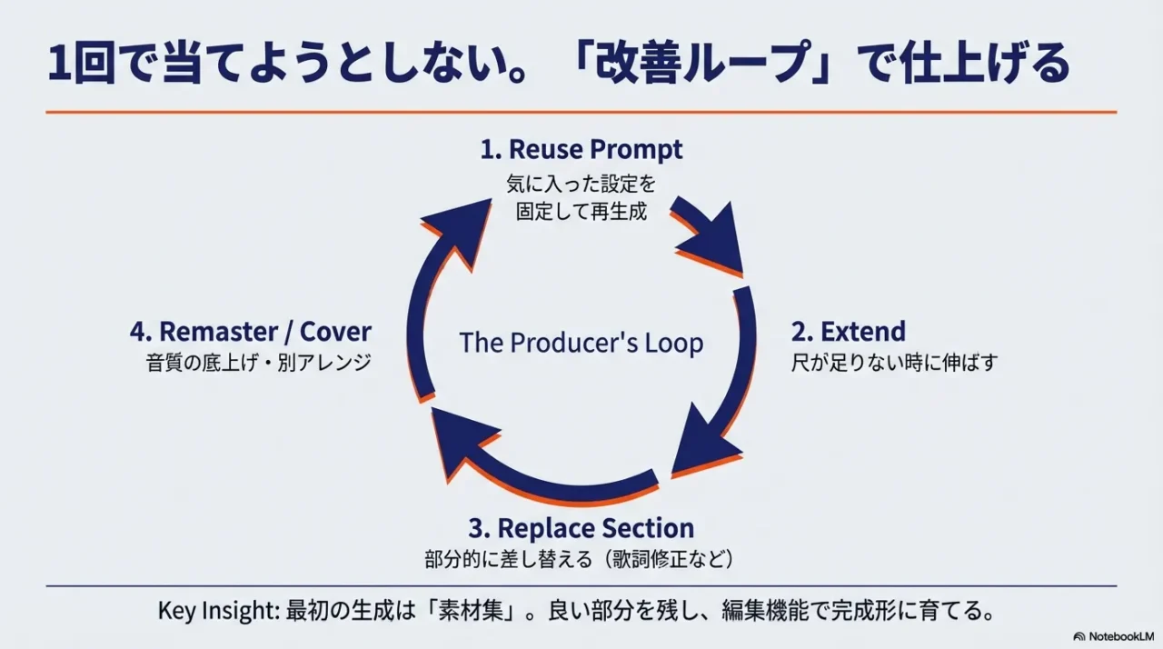 Reuse PromptからExtendとReplace Sectionを回してRemasterやCoverで仕上げる図