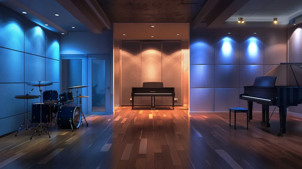 家庭用の防音室に設置されたドラムセット、電子ピアノ、グランドピアノが並ぶ、青と暖色の照明に包まれた音楽スタジオ風の室内。