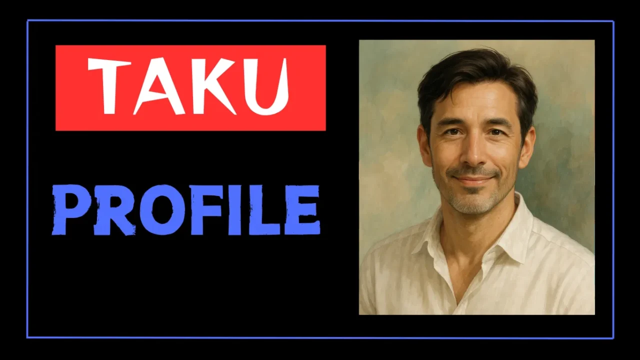 「TAKU PROFILE」という文字と、管理人TAKUの顔写真。