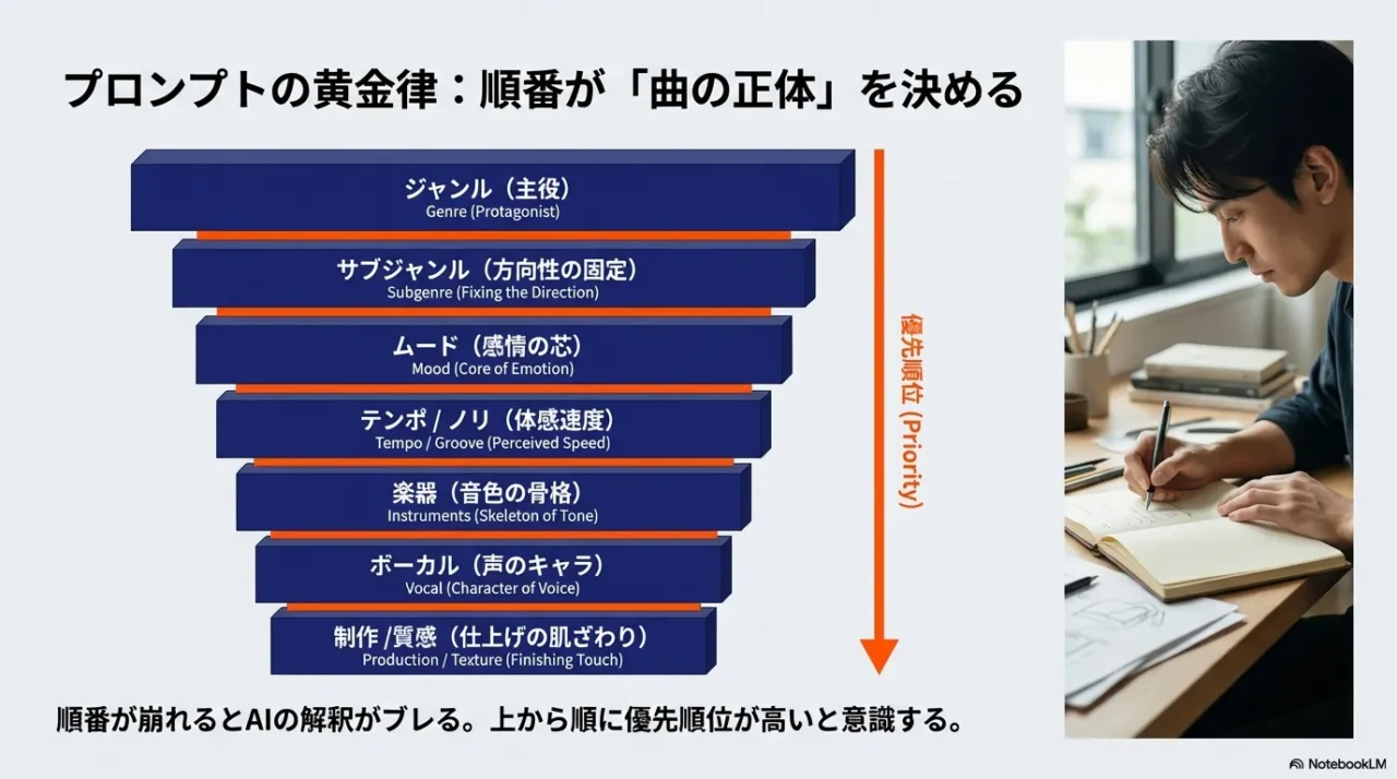 ジャンルから制作まで優先順位で並べるSuno AIプロンプトの順番図