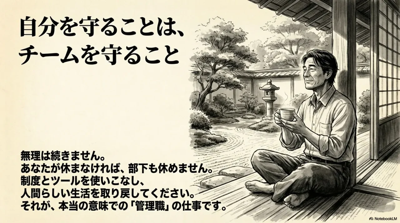 「自分を守ることは、チームを守ること」というメッセージ。管理職が休まなければ部下も休めない、人間らしい生活を取り戻すことが本当の管理職の仕事だとする結びのイラスト。
