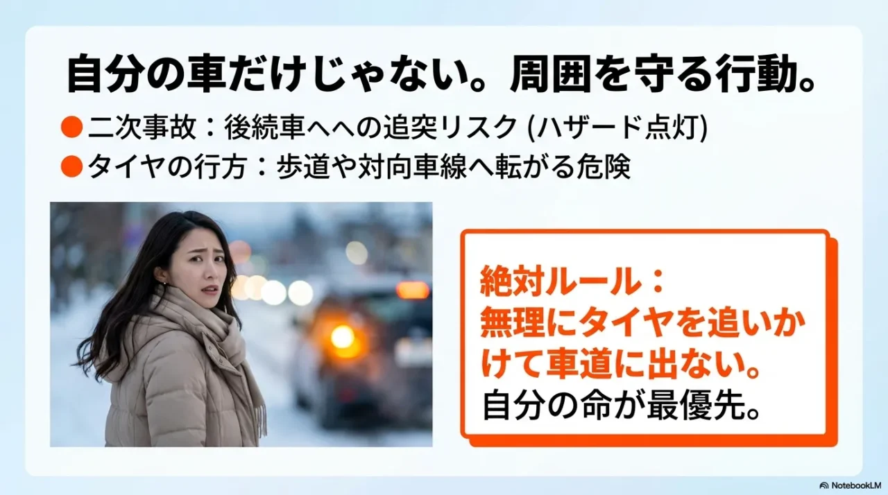 二次事故防止とタイヤの行方に注意する行動を示す画像