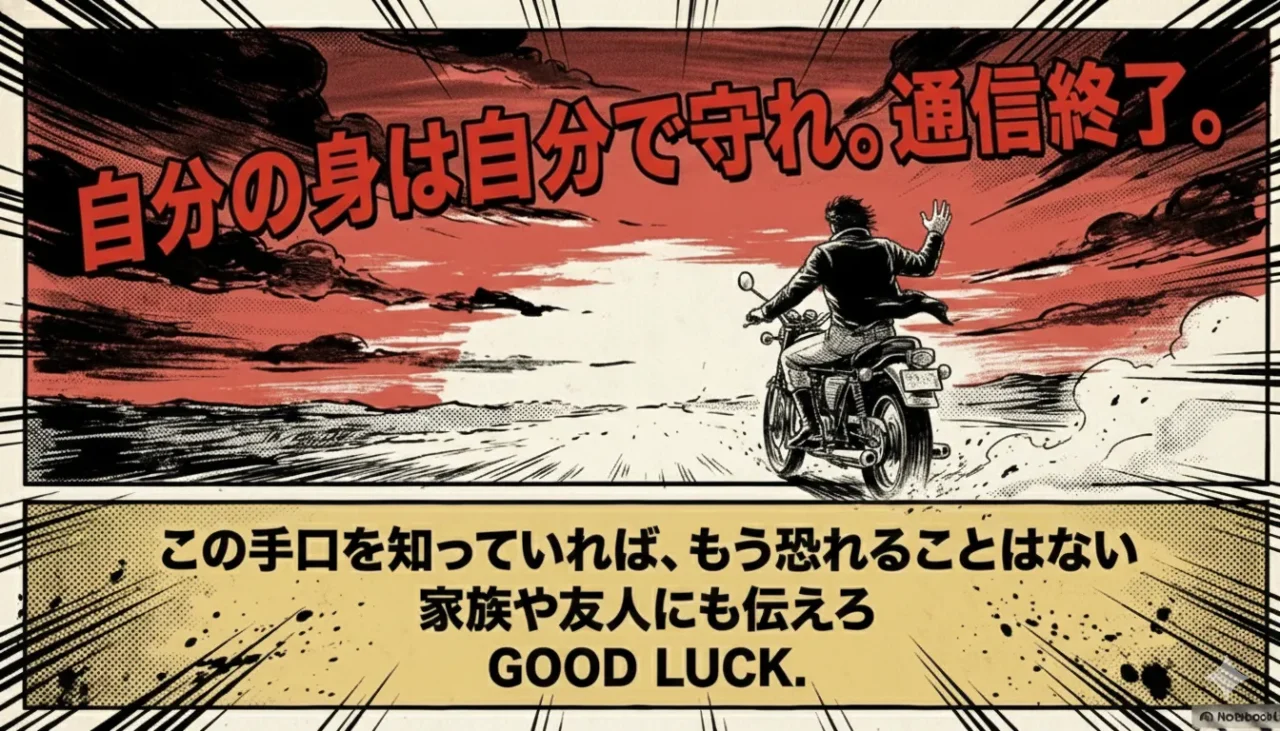 夕焼けを背にバイクで走り去る男性と「自分の身は自分で守れ」というメッセージのイラスト