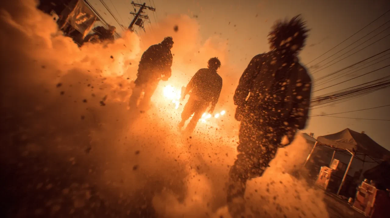 激しい炎と煙が立ち込める街中を、逆光の中でシルエットの人物たちが前進しているシーン。動きのある砂埃と赤い光が、混乱した暴動のような緊迫感を演出している。