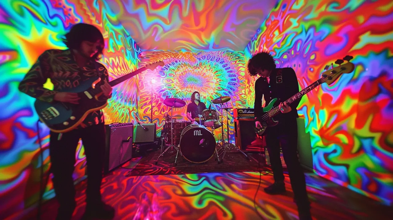 サイケデリックな映像を壁と床いっぱいに投影しながら、ギター・ベース・ドラムの3人組バンドがガレージ風の部屋で演奏している様子。強烈なネオンカラーが空間全体を包み込んでいる。