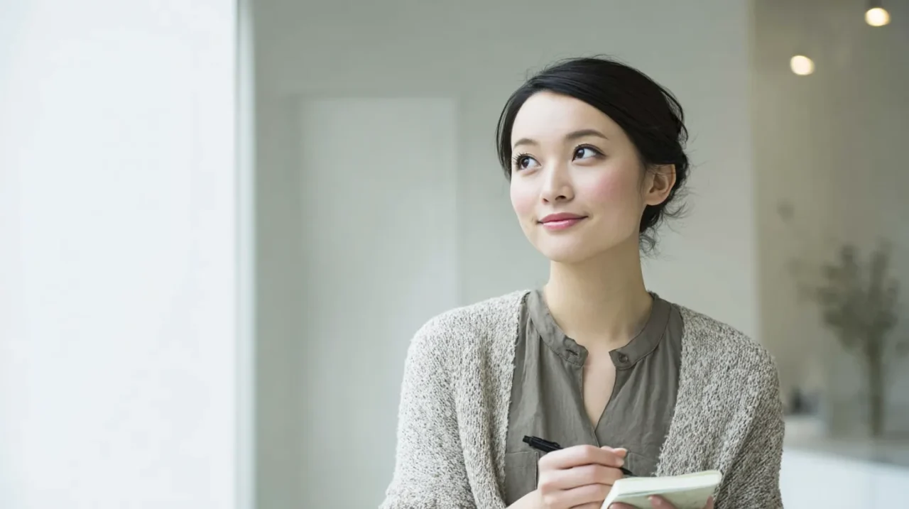 明るい待合スペースでメモを取り、心療内科の受診準備をする女性