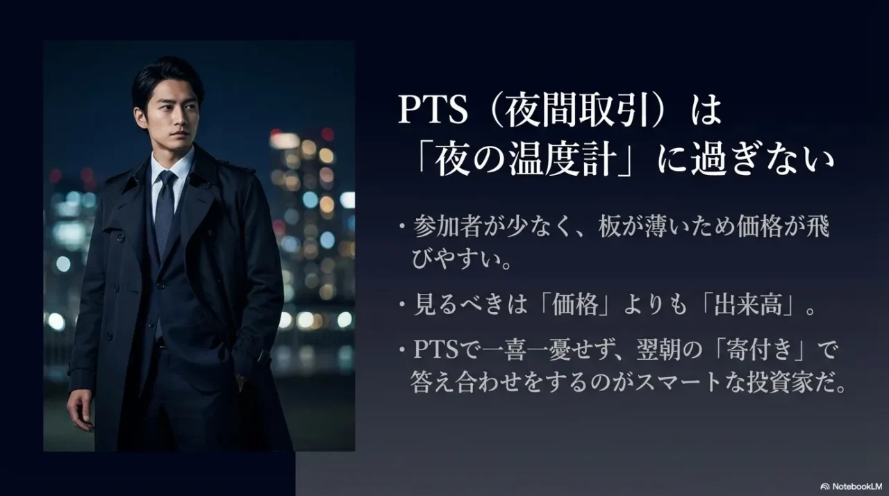 PTSは参加者が少なく価格が飛びやすいので、価格より出来高を見て翌朝の寄りで答え合わせする考え方を示すスライド