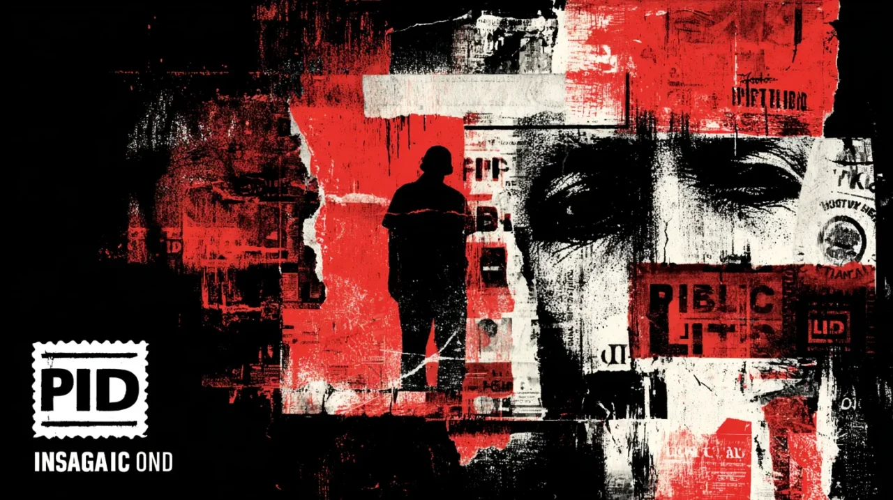 赤と黒を基調とした荒々しいコラージュの中に、人物のシルエットや破れたポスター、部分的な文字片が重なり合い、「Public Image」という概念の分裂と再構築を表現した抽象アート。