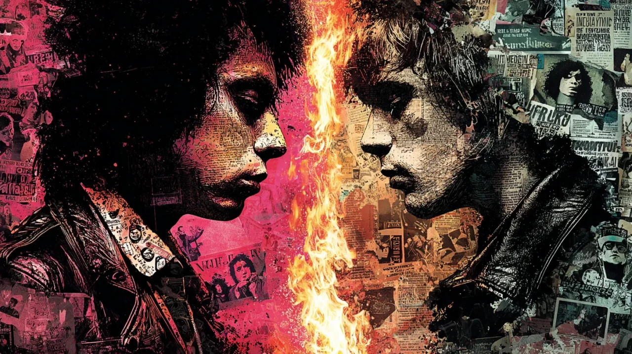 2人の若い男性風シルエットが炎を挟んで向かい合う、パンク調コラージュアート。背景には新聞やフライヤーが重ねられ、左右で赤と黄の色調が対比された緊張感ある構図。