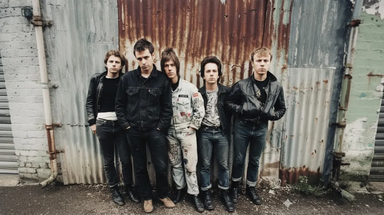 錆びたトタン壁の前に5人の若い男性が横一列に立っている。全員が黒のレザージャケットやデニム、ブーツなどパンクスタイルの服装で、無表情気味にカメラを見つめている。中央の人物だけ白いペイント入りのつなぎを着用しており、全体として荒れた工業地帯の雰囲気をまとった構図になっている。