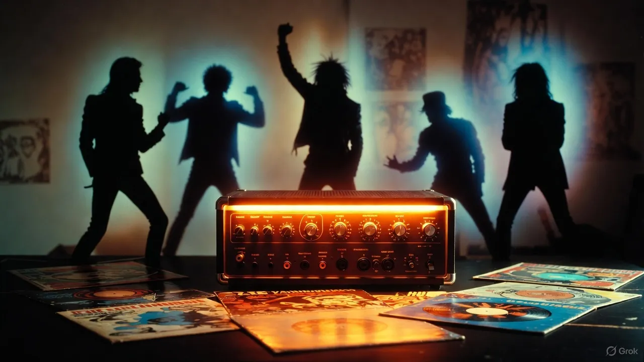 暗い部屋で光る真空管アンプの前に、パンクバンド風のシルエットが壁に映し出され、床にはレコードジャケットが散らばっている。