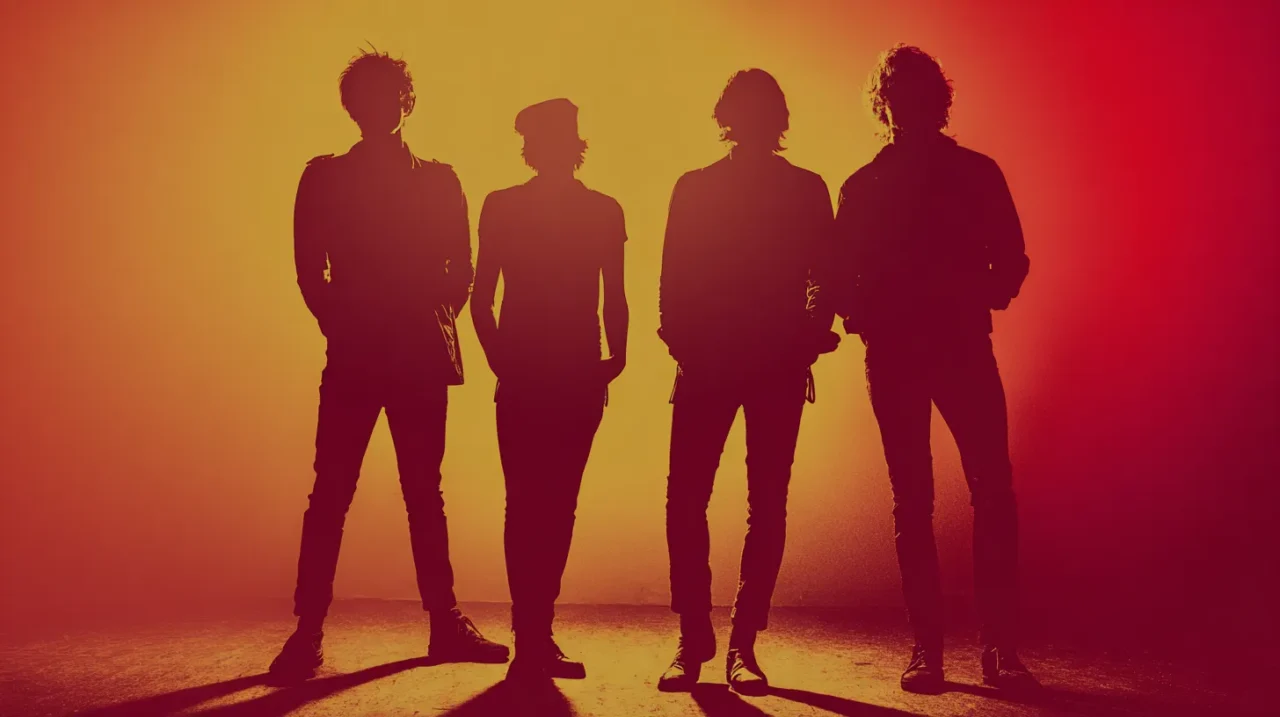 赤からオレンジへグラデーションする背景の前に、4人のミュージシャンがシルエットで並んで立っている画像。全員の表情は見えず、逆光で影のみが強調された構図。