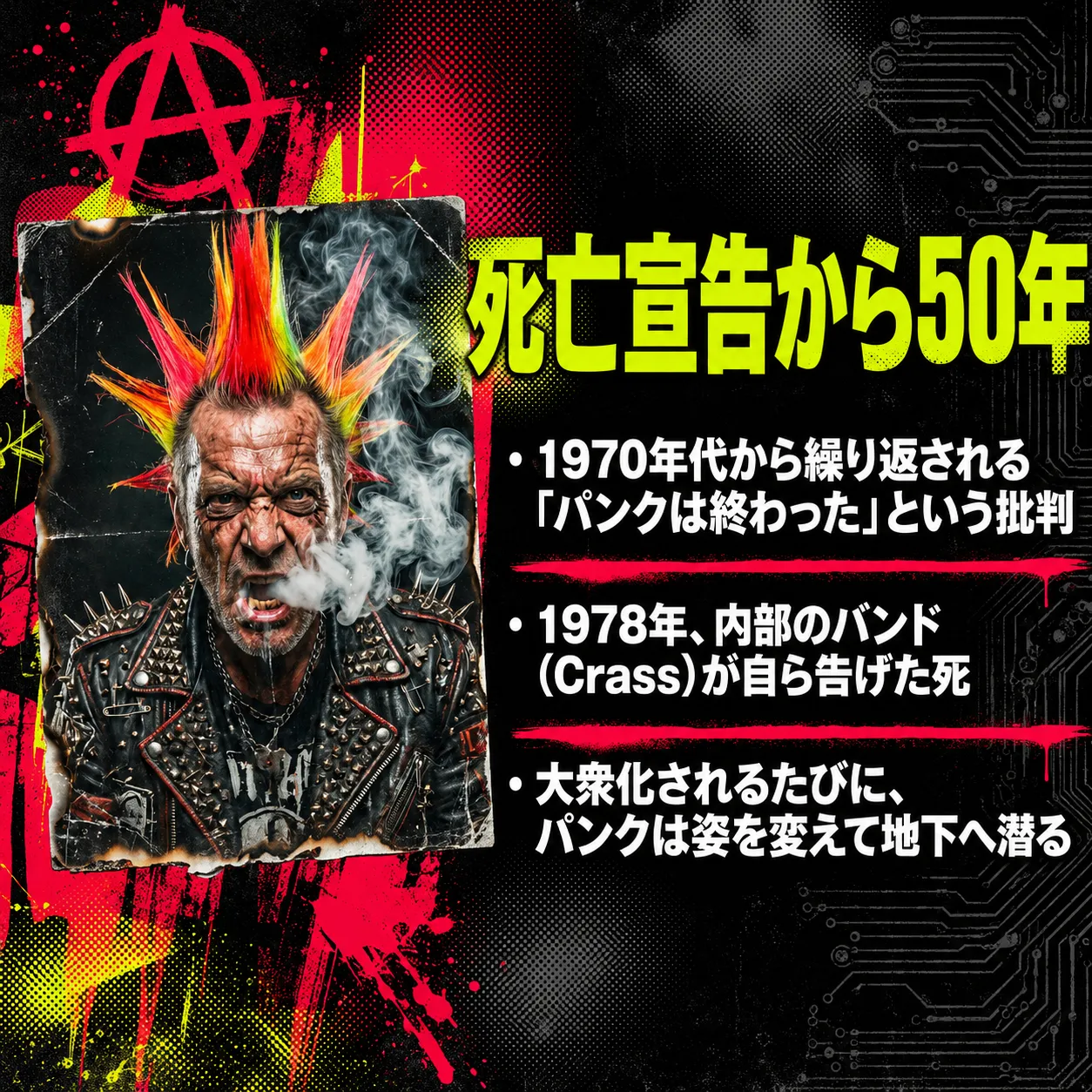 モヒカン頭で革ジャンを着た年配のパンクスがタバコを吸うイラスト。「死亡宣告から50年」の見出しと共に、1970年代から繰り返される「パンクは終わった」批判、1978年Crassによる死の宣告、大衆化のたびに地下へ潜るパンク文化を解説するインフォグラフィック。