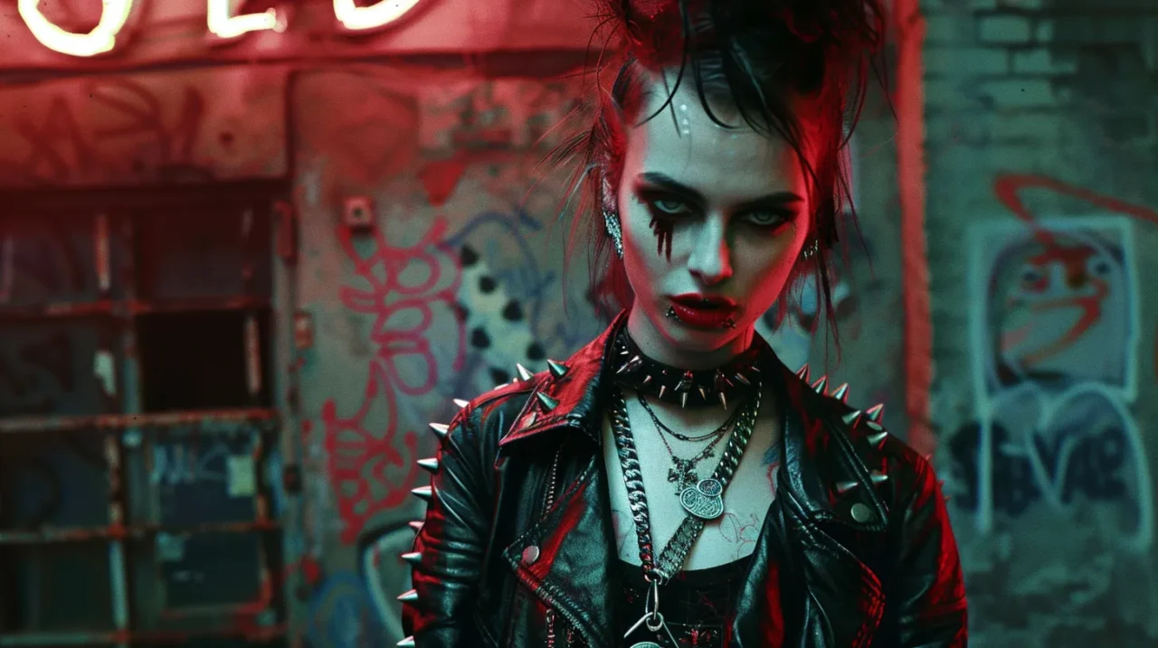 スパイク付きレザージャケットとチェーンアクセサリーを身にまとったパンクスタイルの人物が、ネオンと落書きだらけの路地裏で挑発的な視線を向けている様子。