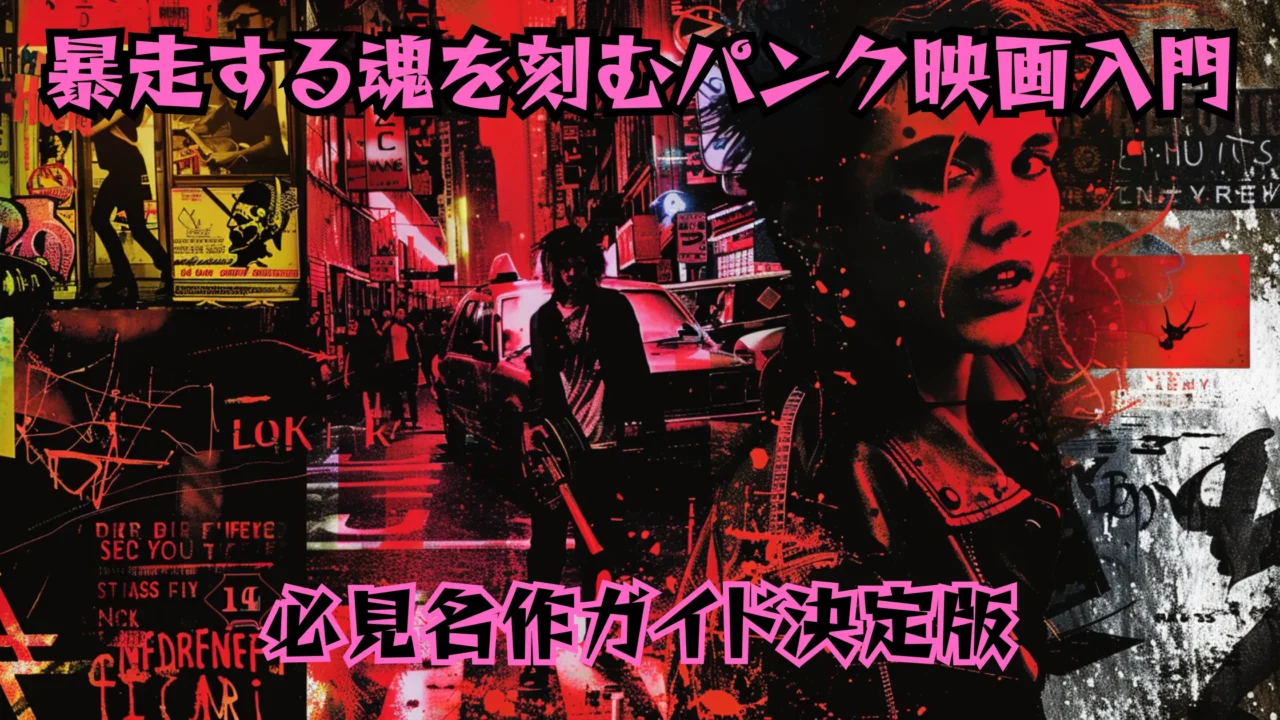 赤と黒を基調としたコラージュ風のパンク映画ビジュアル。荒れた都市の夜景、ギターを持つ人物、パンク風の女性のポートレートが混ざり合い、暴走感と混沌を強調したデザイン。