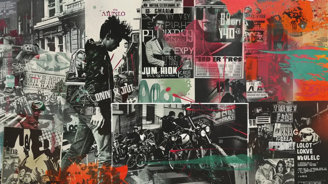 UK・US・日本のパンク文化と映画史をモチーフにしたコラージュアート。パンクス、暴走族、街頭ポスター、破れたフライヤーなどが混ざり合うヴィジュアル。