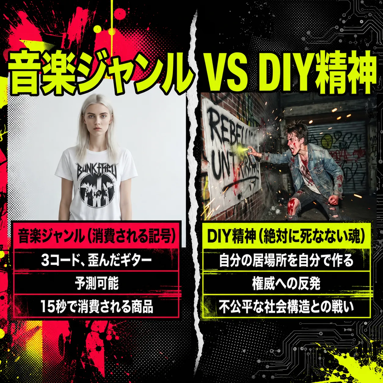 「音楽ジャンルVS DIY精神」を対比したインフォグラフィック。左側はパンクTシャツを着た女性で「消費される記号」、右側は壁にスプレーで落書きする男性で「絶対に死なない魂」を表現。パンクの商業化と反骨精神を比較。