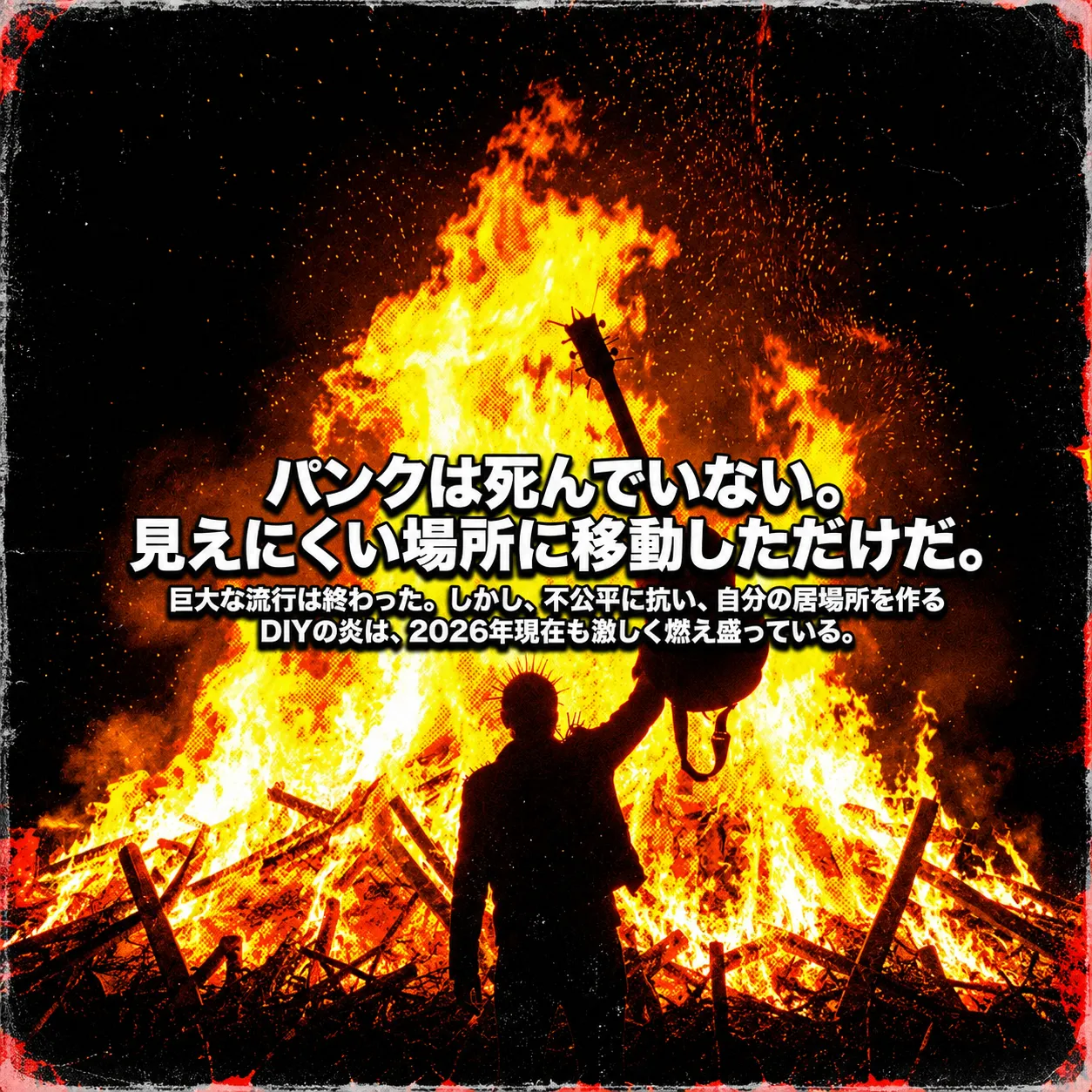 巨大な炎を背景に、ギターを高く掲げるモヒカン頭のパンクスのシルエット。「パンクは死んでいない。見えにくい場所に移動しただけだ」の白文字と、DIY精神が燃え続けるという2026年のメッセージが書かれたグランジ調のポスター。