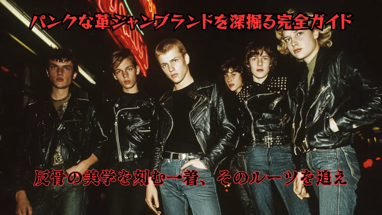 夜のネオン街を背景に、黒い革ジャンとジーンズを着た若い男女のグループがこちらを見つめて立ち、下部に「パンクな革ジャンブランドを深掘る完全ガイド」という赤い文字が大きく載っているアイキャッチ画像