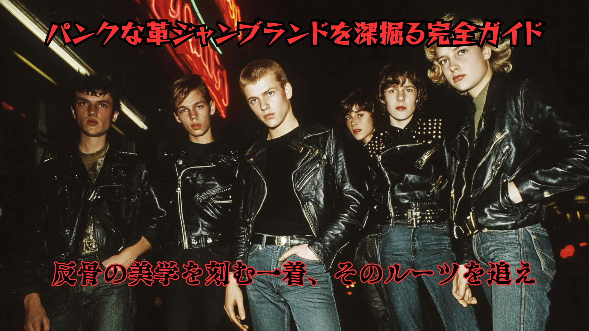 夜のネオン街を背景に、黒い革ジャンとジーンズを着た若い男女のグループがこちらを見つめて立ち、下部に「パンクな革ジャンブランドを深掘る完全ガイド」という赤い文字が大きく載っているアイキャッチ画像