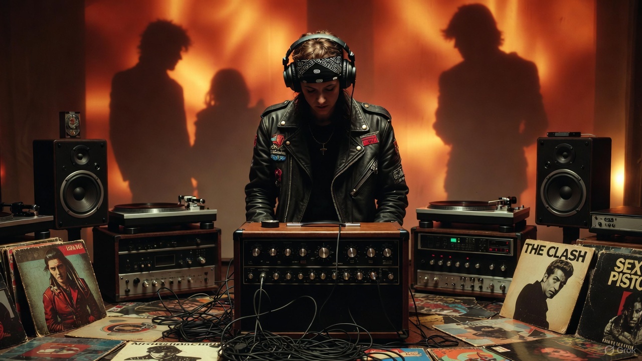 レザージャケットを着た人物がヘッドホンをつけて真空管アンプを操作し、左右にターンテーブルとスピーカー、周囲にパンクロックのレコードが並ぶ。