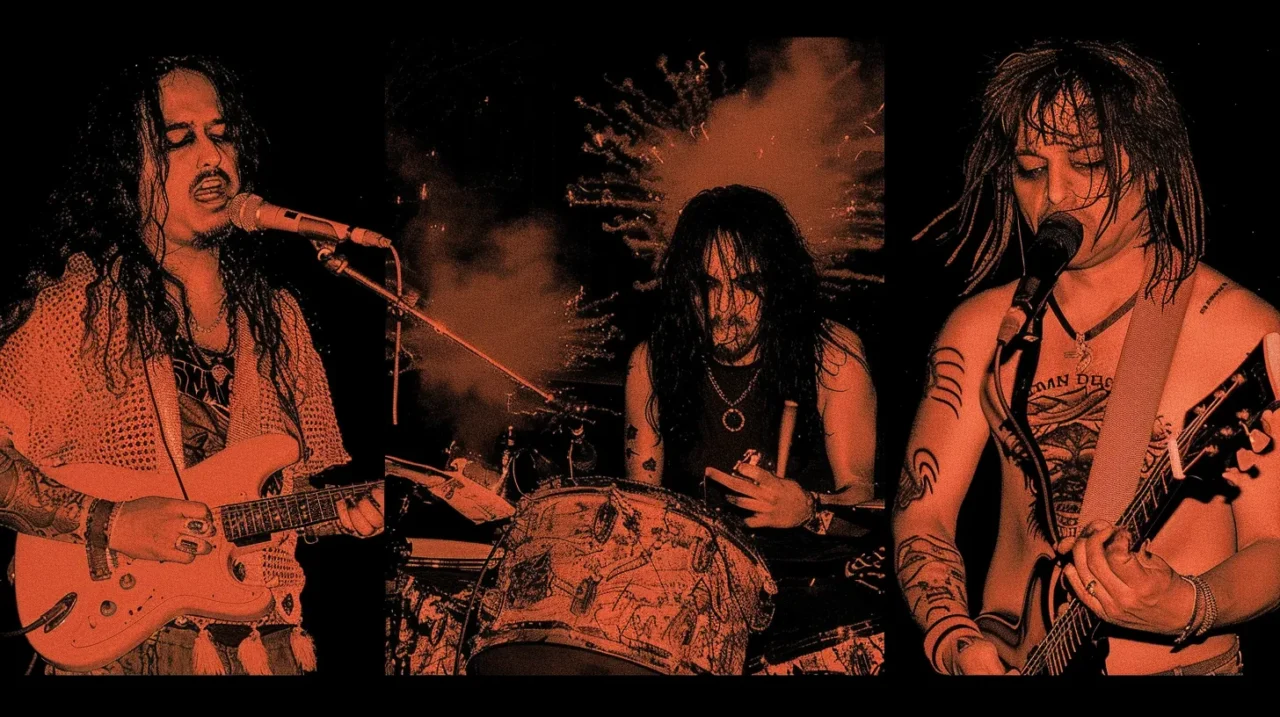 オレンジとブラックの強烈なコントラストで描かれた、激情的なパンクバンドのライブ演奏シーンのコラージュ画像