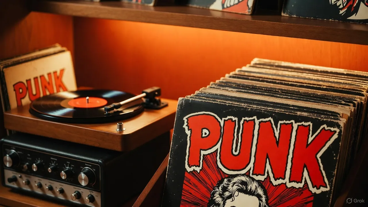 棚の上で回るパンクレコードのターンテーブルと、横に並ぶ多数のレコードジャケット。暖色系の照明に照らされ、ノスタルジックな雰囲気が漂う。