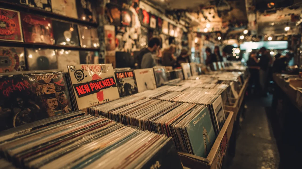 パンクやハードコア系のアナログレコードがずらりと並ぶレコード店の棚。店内には多数のフライヤーやポスターが貼られ、奥にはレコードを物色する客のシルエットが見える、温かみのある照明の雰囲気。