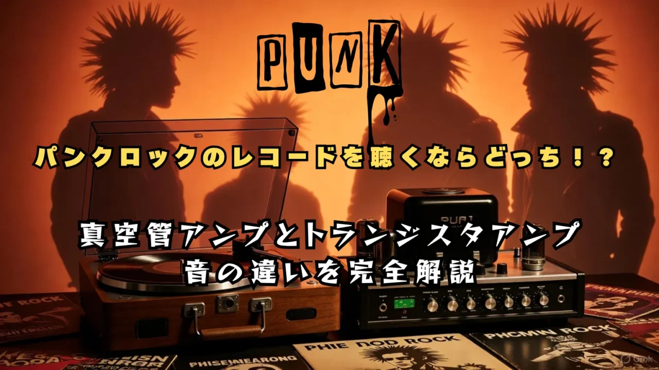 オレンジ色の照明の中、モヒカンの影が映る壁の前に、真空管アンプとレコードプレーヤーが並び、「パンクロックのレコードを聴くならどっち！？」という文字が中央に表示されている。