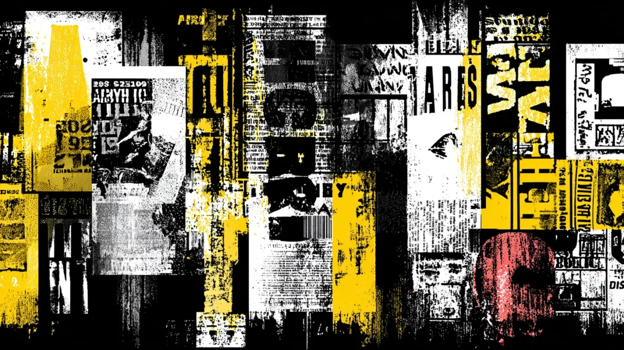 パンク文化を象徴する新聞記事の断片、破れたフライヤー、黄色と黒の大胆なタイポグラフィがコラージュされた抽象アート。