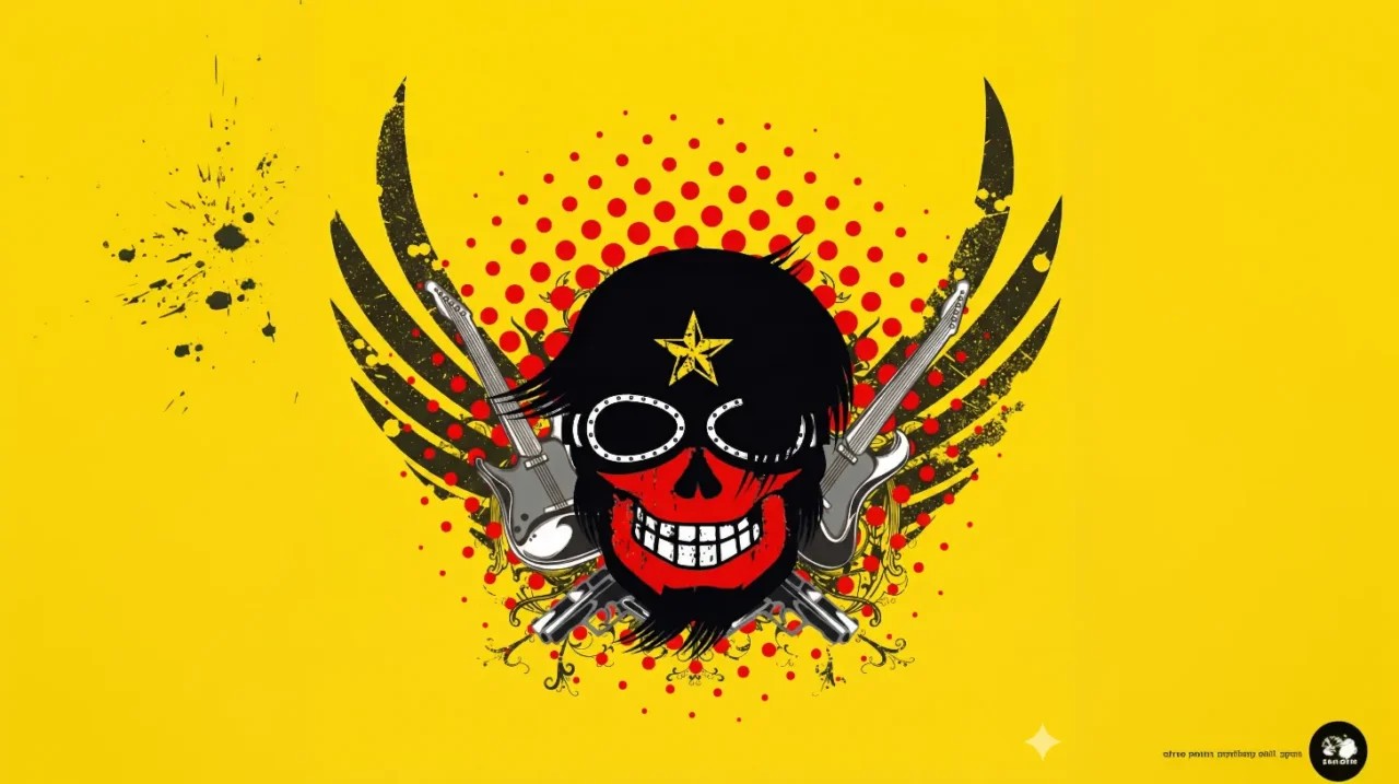 黄色い背景の中央に、赤いドクロの顔と黒髪・ゴーグル風デザインを組み合わせたロック風エンブレムが描かれ、左右にエレキギター、背後に羽のような黒いグラフィックと赤いドットが広がるイラスト。