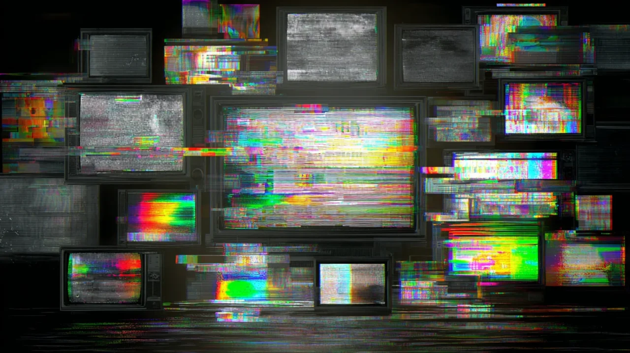 複数の古いテレビ画面が並び、すべてが強いグリッチノイズと色彩の乱れに包まれた、混沌とした映像コラージュ。
